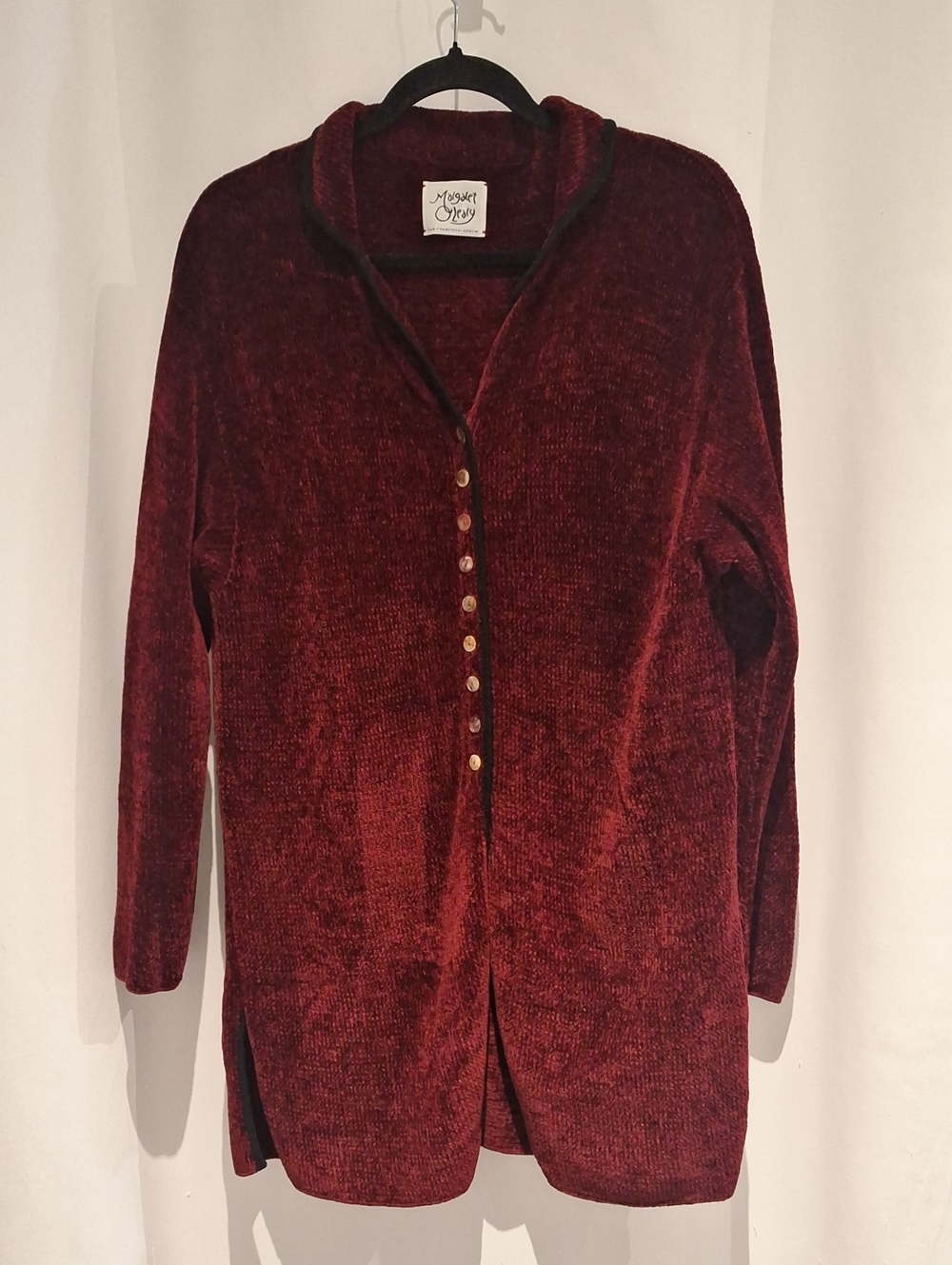 Margaret O'Leary Vintage Deep Burgundy Button-Front Chenille Cardigan Tunic